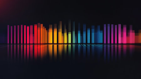 This vibrant digital abstract features colorful sound waves reflected against a dark background, perfect for themes of music, energy, and creativity.の素材