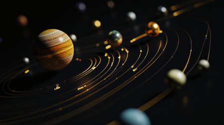 A stunning representation of the solar system featuring planets in their orbits. This digital artwork captures the beauty of space and celestial mechanics.の素材