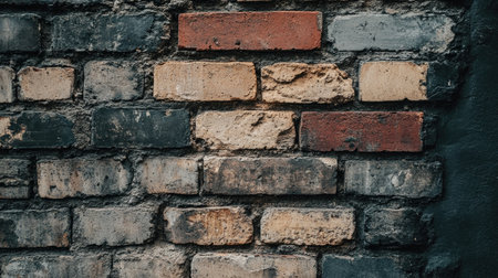 A close-up view of a textured brick wall showcasing a mix of red, yellow, and gray bricks. This image captures the rustic feel and architectural detail, ideal for backgrounds and designs.の素材