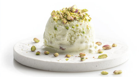 This captivating close-up showcases a creamy scoop of ice cream garnished with chopped pistachios, highlighting its inviting texture and delicious appeal.の素材