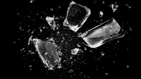 A dynamic capture of glass shattering, showcasing fragments and droplets in a striking black background. The image embodies energy and chaos.の素材