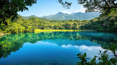 A stunning lake nestled amidst a vibrant forest, reflecting the blue sky and surrounding mountains, ideal for nature lovers and travelers seeking tranquility.の素材