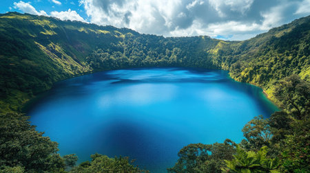 Discover a tranquil blue lake enveloped by vibrant greenery and majestic mountains. This serene landscape invites exploration and relaxation.の素材
