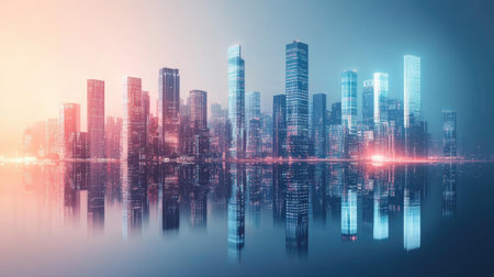 Capture a stunning futuristic cityscape featuring tall buildings reflected in calm water, showcasing a blend of blue and orange hues at dusk.の素材