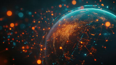 A stunning digital representation of the Earth surrounded by vibrant lights. The image symbolizes global connectivity and technological advancement in a cosmic scene.の素材
