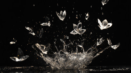 A captivating image showing a dynamic water splash with crystal-like flowers emerging, creating an elegant and artistic visual against a dark backdrop.の素材