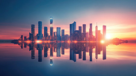 A stunning city skyline is illuminated at sunset, creating a vibrant reflection on the calm water. This image captures the beauty of urban architecture and serene twilight.の素材