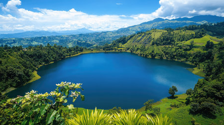 A tranquil lake set against a backdrop of vibrant greenery and majestic mountains, offering a perfect escape into nature's beauty and serenity.の素材