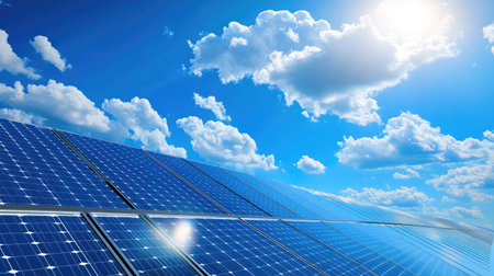A vibrant scene showcasing solar panels gleaming under a bright blue sky filled with fluffy clouds. This image represents renewable energy and sustainable technology.の素材