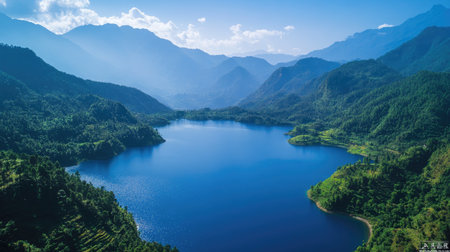 Experience the tranquility of a serene mountainous lake, surrounded by lush greenery and towering peaks, captured from an aerial perspective on a clear day.の素材