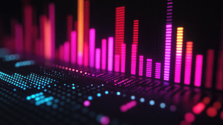 Colorful audio visualization featuring vibrant bars and waves that represent sound frequencies. This dynamic digital art captures the energy and rhythm of music.の素材