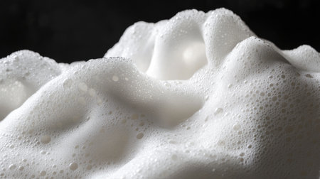 Close-up view of soft, white foam with bubbles, creating a tranquil and fresh atmosphere. Ideal for beauty, skincare, or cleaning themes.の素材