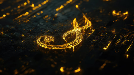 A stunning golden musical note illuminated against a dark, abstract background. This image captures the essence of creativity and harmony in a modern design.の素材