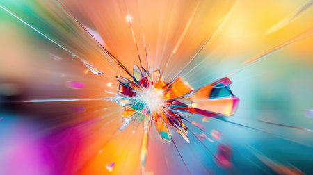This colorful abstract image showcases a shattered glass effect with vibrant hues and light reflections, creating a dynamic and eye-catching background.の素材
