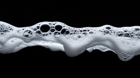 Captivating close-up of soft bubbles and foam on a dark background, showcasing the beauty and texture of water in an abstract manner. Perfect for projects related to cleanliness and freshness.の素材