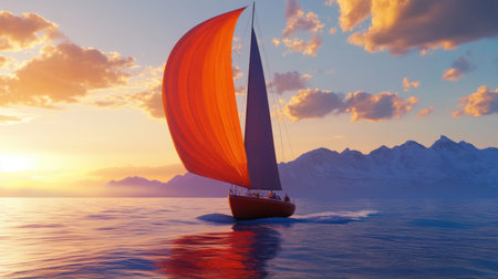 A stunning scene featuring a vibrant sailboat in full motion across tranquil waters at sunset, showcasing the beauty of nature and adventure.の素材