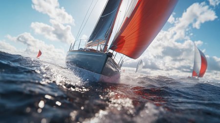 Experience the thrill of sailboat racing in the Gulf with a dynamic scene featuring colorful sails and sparkling waters, embodying adventure and competition.の素材