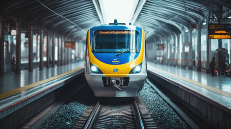 A close-up view of a Jakarta MRT train at a station, showcasing its modern design and busy environment, emphasizing urban transportation and connectivity.の素材