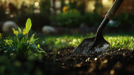 A close-up view of a shovel blade in action as it digs into rich soil, emphasizing the beauty of gardening and growth in a vibrant outdoor setting.の素材