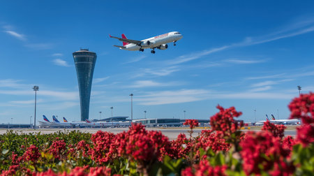 A vibrant close-up view of a white passenger plane landing at an airport, framed by colorful flowers and a tall control tower under a clear blue sky.の素材
