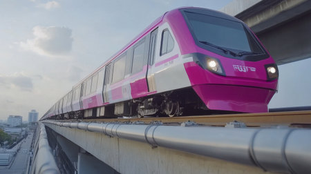 A vibrant pink MRT train travels on elevated tracks, showcasing modern urban transportation in a bustling city environment under a clear sky.の素材
