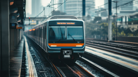 A close-up view of a Jakarta MRT train approaching the station, featuring sleek design and modern infrastructure in a bustling urban environment.の素材