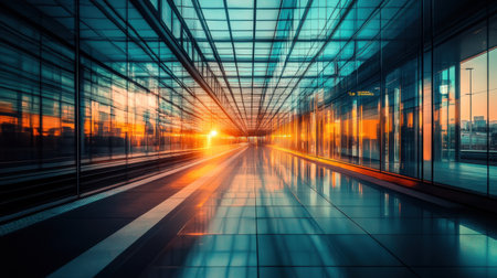 A stunning view of a futuristic high-speed train station during sunset, showcasing sleek architecture, vibrant reflections, and a dynamic atmosphere perfect for travel enthusiasts.の素材