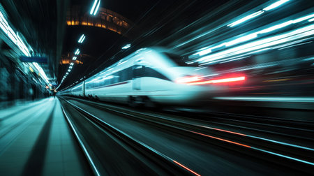 A high-speed train rushes past a modern station, showcasing urban transport at night. The motion blur captures the dynamic essence of travel and technology.の素材