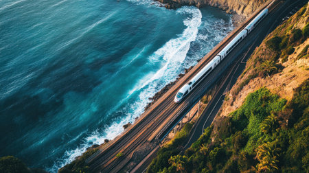 A high-speed train glides along coastal tracks, offering breathtaking views of the ocean waves and lush landscapes. Perfect for travel enthusiasts.の素材