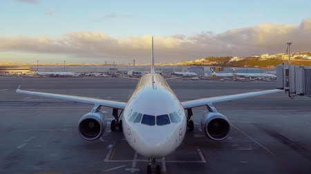 A parked aircraft awaits departure at an airport gate, framed by the beautiful colors of a sunset. The scene captures the essence of air travel.の素材
