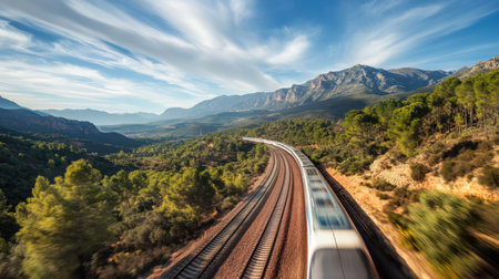 A high-speed train races through a stunning landscape, capturing the essence of modern travel amidst natural beauty. Perfect for themes of transportation and adventure.の素材