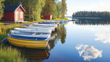 A serene marina scene in Finland showcasing a row of colorful sailboats. Surrounded by lush greenery and calm waters, this image embodies tranquility and natural beauty.の素材