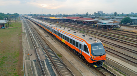 Captivating panoramic view of a modern train at a station, showcasing the vibrant orange design amidst a serene landscape under a cloudy sky.の素材