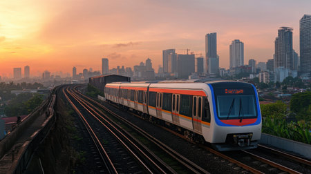A panoramic shot of Jakarta's MRT train stationed at sunrise, showcasing the vibrant cityscape and modern infrastructure along the elevated tracks.の素材