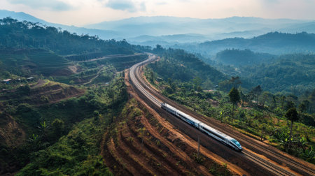 A breathtaking panoramic view of the Tegalluar testing site featuring a modern train traversing scenic tracks surrounded by lush hills and valleys.の素材