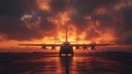 Stunning silhouette of an airplane on a runway during a vibrant sunset. The dramatic clouds and reflections create a captivating atmosphere, perfect for aviation themes.の素材
