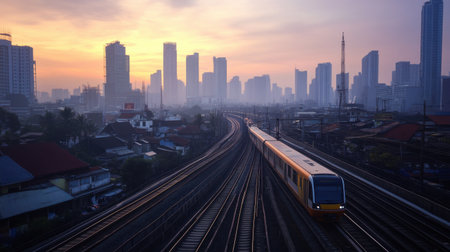 A sleek modern train prepares for departure at Jakarta's MRT station, framed by the silhouette of urban skyscrapers during a scenic sunset.の素材