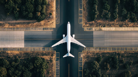 An airplane prepares for takeoff on a runway at El Pra, showcasing the dynamic world of aviation and travel. Captured from an aerial perspective.の素材