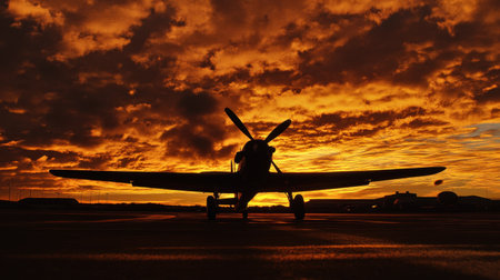 A striking silhouette of an airplane on the runway during a vibrant sunset, highlighting the dramatic colors of the sky and evoking a sense of adventure.の素材