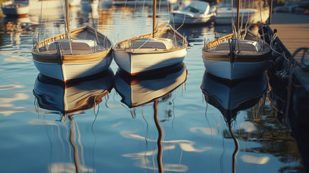 A tranquil sunny marina scene in Finland featuring beautifully moored sailboats reflecting on the calm water, perfect for capturing a peaceful coastal atmosphere.の素材