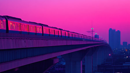 A vibrant morning view of the MRT Pink Line train as it glides along an elevated track against a stunning pink sky, capturing the essence of urban travel.の素材