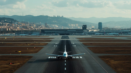 A passenger plane sits on the runway, poised for takeoff. The bustling airport backdrop and distant city skyline capture the essence of modern travel and aviation.の素材