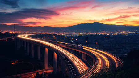 Capture a beautiful twilight scene featuring a train crossing a bridge, illuminated by city lights beneath a stunning sunset sky. Ideal for transportation and landscape themes.の素材