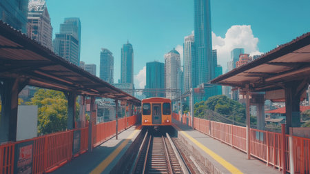 Experience the vibrant atmosphere of Jakarta with a striking MRT train approaching a modern urban station, set against a stunning city skyline.の素材