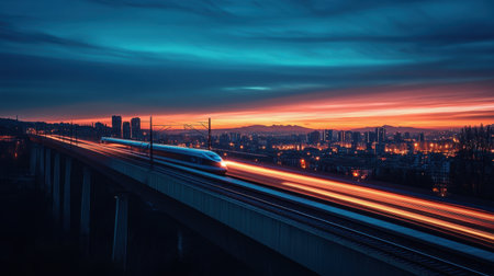 A stunning twilight scene features a train crossing a bridge against a vibrant sunset backdrop. The long exposure captures motion and city lights, creating a dynamic atmosphere.の素材