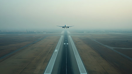 A passenger airplane ascends smoothly into the clear blue sky after takeoff, showcasing the vast landscape of the airport below, embodying the spirit of travel and adventure.の素材