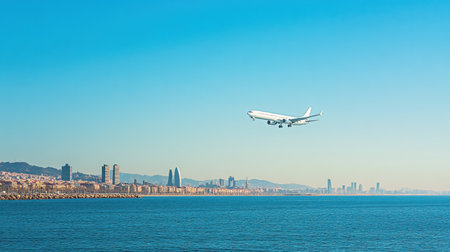 A stunning image of an airliner taking off over a vibrant coastal city. The aircraft soars against a clear blue sky, with a serene ocean below, capturing the essence of travel and adventure.の素材