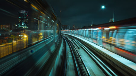 A dynamic view of a train approaching Khae Rai station in Bangkok, showcasing the vibrant cityscape at night with illuminated buildings and dynamic motion.の素材