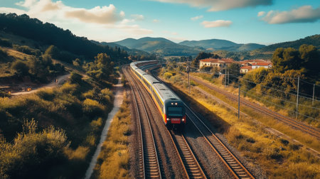 A stunning wide angle view capturing a train gliding through picturesque rural landscapes, surrounded by mountains and lush greenery. Perfect for travel themes.の素材
