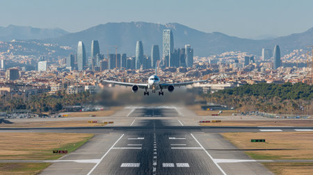 A passenger plane takes off from Barcelona Airport, showcasing the vibrant city skyline and stunning backdrop of mountains, highlighting modern aviation.の素材